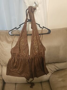 Moa Moa Brown Halter Camisole with Studded Floral Accents